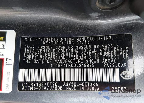 2013 Toyota Camry Se from USA, damaged, VIN 4T1BF1FK0DU219895